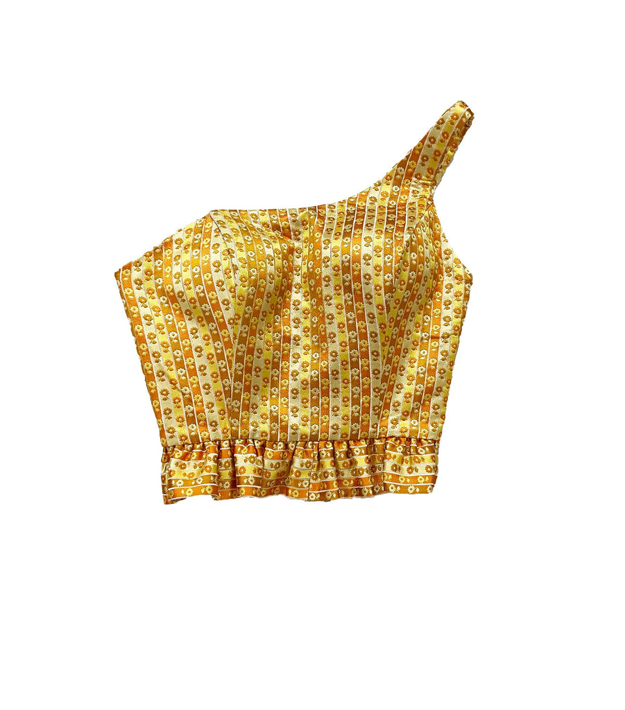 Our beloved Stella Corset Top is a cropped corset perfect for a casual and exclusive look. Lined at front. One-shoulder styling and back straps.   Handmade Corset Top. Yellow Corset Top.